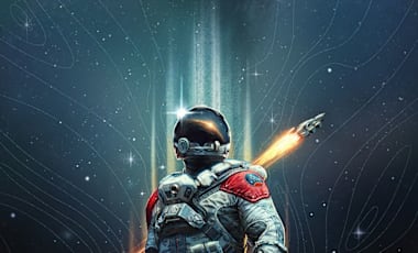 A person in a spacesuit with a rocket launching behind them