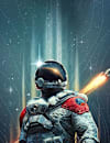 A person in a spacesuit with a rocket launching behind them